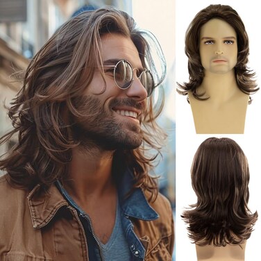 Long Wavy Brown Wigs for Men Natural Layered Rocker Style Cosplay Hair Wig
