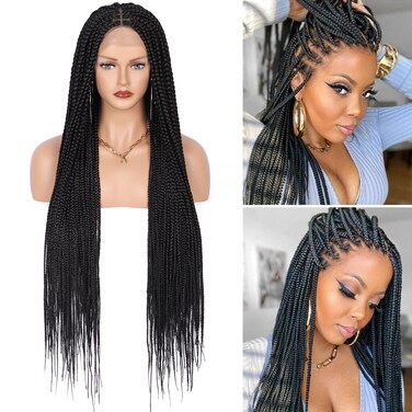 36" Knotless Braided Wigs Lace Front Box Braids Lace Frontal Wig for Women Human Hair Blended Black Hand Full double lace Braid Wig With Baby Hair