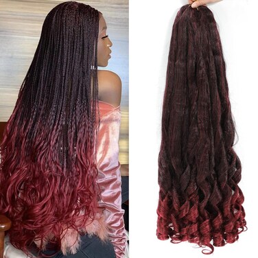 Burgundy French Curly Braiding Hair 8packs 26 inch Tbug Pre Stretched Curly Ombre Braiding Hair for Goddess Box Braids Hair Dark Red Bounce Curl Loose Wave Crochet Braids for Black Women Extensions