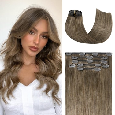 Honsoo Hair Extensions Real Human Hair Ash Brown Clip in Hair Extensions 70g 7pcs 22Inch Straight Hair Soft Natural No Shedding No Tangles