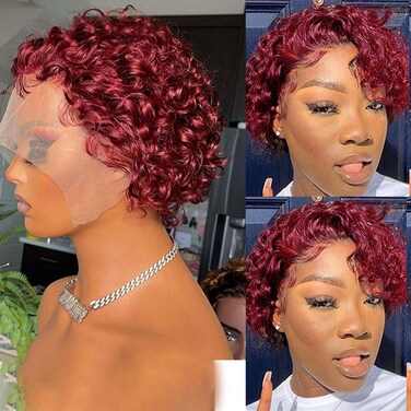 Red Short Curly Wigs Pixie Cut Lace Front Wigs 6 inch Human Hair 13X1 Pixie Cut Short Curly Burgundy Human Hair Wigs HD Lace Front Wigs Plucked Pixie Curly Wigs for Black Women (6 Inch, Red)