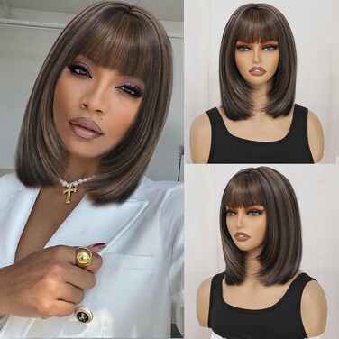 Black Mix Brown Bob Wig with Bangs 12inch Short Wigs for Black Women Brown Highlight Wig Ready and Go Glueless Wig Synthetic Straight Bob Wig for Daily Use