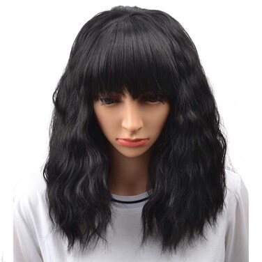 BERON Black Wig for Womens Short Curly Wavy Bob Hair Wigs with Bangs Movie Cosplay Costume Wig Heat Resistant Synthetic Wig Daily Party Use