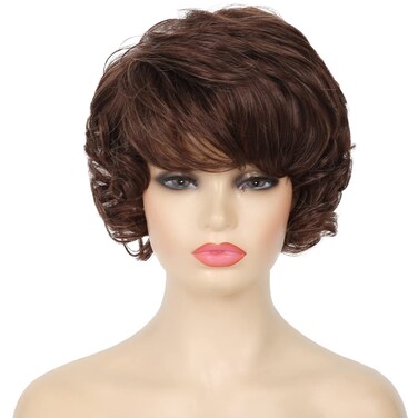 Kaneles Short Brown Curly Wavy Wig with Hair Bangs Synthetic Fashion Brown Hair Wigs for Women?Dark Brown?