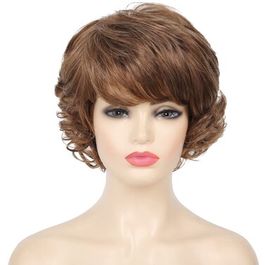 Kaneles Short Brown Curly Hair Wig with Bangs for Women Natural Layered Synthetic Old Ladies Hair Heat Resistant Cosplay Full Wigs（Golden brown）