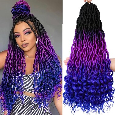Ms Aloe Ombre Faux Locs Crochet Hair 5Pack（120 Strands）Ombre Purple Blue Faux Locs Crochet Braids Hair Pre Looped Goddess Locs Crochet Curly Hair for Black Women (20inch,1B/Purple/Blue#)