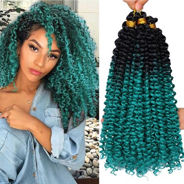 5Pack Marlybob Water Wave Crochet Curly Hair 100g/pack Jerry Curly Crochet Braids Ombre Green Kinky Curly Synthetic Twist Braiding Hair for Black Women(1B/Green)