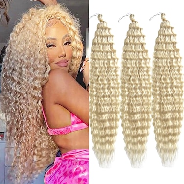Blonde Deep Wave Crochet Hair 18 Inch Ocean Wave Crochet Hair 3 Packs Curly Braiding Hair Extensions for Women(3Packs, 613#)