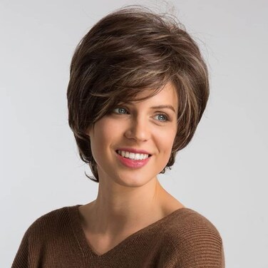 PHOCAS Short Brown Pixie Cut Wigs for Women with Bangs Mixed Blonde Natural Synthetic Short Hair Wig None Lace Replacement Wigs