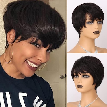 Glueless Wear and Go Wig Short Human Hair Wigs Pixie Cut Wig with Bangs 150% Density Black Layered Wavy Wigs for Women (1B)