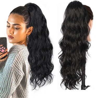 Wenyu Body Wave Human Hair Ponytail Extension For Black Women With Magic Paste Wrap Around Ponytail Clip In Hair Extensions 18 Inch 100g