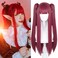 LABEAUT&Eacute; Dark Red Ponytails Wig for Women Girls Cosplay Devil Wig with Clip-on Pigtails Anime Straight Hair with Bangs for Halloween Party with Cap (Dark Red)