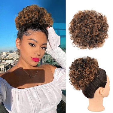 Large Curly Messy Bun Clips in Hair Extension Drawstring Ponytail for Black Women, Short Synthetic Highlights Brown Hair Bun Extensions Curly Messy Updo Hair Piece for Women Daily Use(1B/30#)