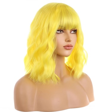 BERON 14 Inches Yellow Wig Wig for Women Girls Yellow Wig Short Curly Synthetic Wig with Bangs Yellow Wigs with Wig Cap