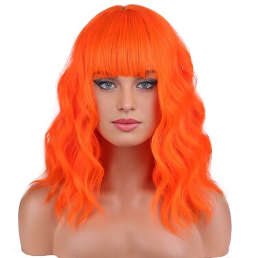 BERON 14 Inches Orange Wig with Bangs Short Curly Orange Wigs for Women Daily Party Hairnet Include