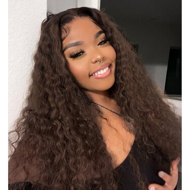 Long Curly Wig V Part Wigs Synthetic Half Wigs for Black Women, Glueless Wigs Chocolate Brown Deep Wave V Part Wig No Leave Out Thin Part Wig U Part Wigs for Women Clip in Extensions