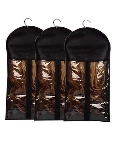 3 Pcs Hair Extension Storage Bag, Hair Extensions Holder with Hanger, 11.4 * 23.6 inches, Portable Wig Bags Storage with Transparent Zipper Closure (Black)