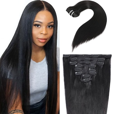 Human Hair Straight Clip in Hair Extensions for Black Women 24 Inch Human Hair 1B# Straight Clip Ins Natural Black No Tangling No Shedding 135gram/set 8pcs/16Clips