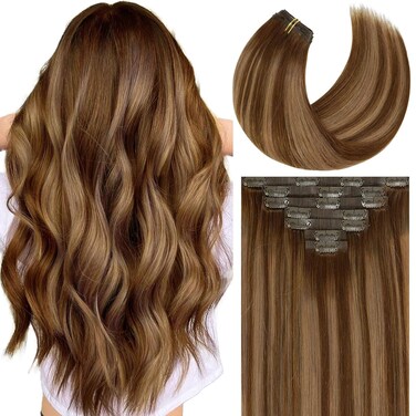 Caliee Seamless Clip in Hair Extensions 14Inch Balayage Human Hair Extensions 110G Full Head Double Weft R4-4/27 Chocolate Brown to Caramel Blonde with Brown Roots 7Pcs Human Hair Clip in Extensions