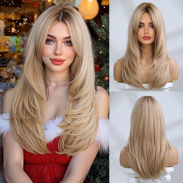 Esmee Long Blonde Wigs for Women Layered Synthetic Hair Ombre Wig with Dark Roots for Daily Party Cosplay Wea -20 Inches