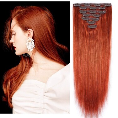 14" Clip in Human Hair Extensions Full Head 110g 7 Pieces 16 Clips Copper Red Double Weft Brazilian Real Remy Hair Extensions Thick Straight Silky (14" 110g, 350)