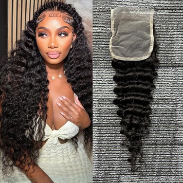 4x4 Deep Wave Lace Closure Human Hair 18 Inch Ear to Ear HD Lace Free Part Closure 100% Brazilian Virgin Human Hair Extensions 150% Density Lace Closure Pre Plucked Natural Black Color