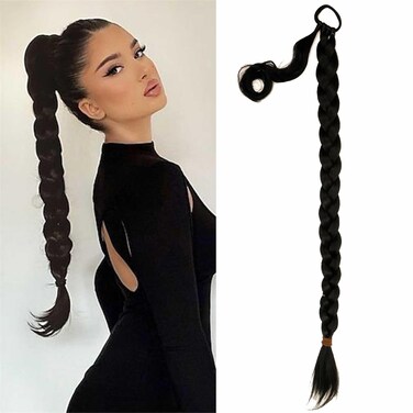 Long Braid Ponytail Extension with Elastic Tie 1Pcs Black Straight Sleek Wrap Around Braid Hair Extensions Synthetic Drawstring Ponytail for Women Daily Wear (Black, 26 Inch (1Pcs))
