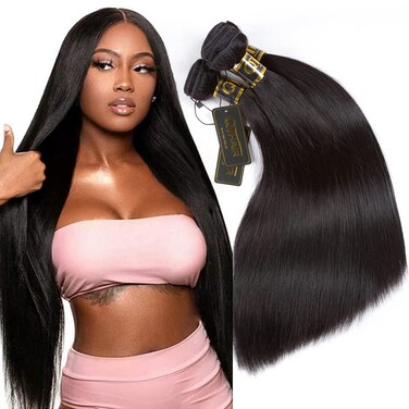 QTHAIR 14A Brazilian Virgin Hair Straight Human Hair 100% Unprocessed Brazilian Virgin Straight Hair Weave Brazilian Straight Hair Extensions (16" 18" 20",300g,Natural Black)