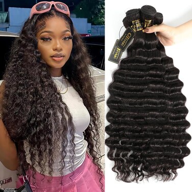 QTHAIR Peruvian Loose Deep Wave Human Hair Bundles - 16 18 20 22inch, 14A Grade Natural Black Color Peruvian Virgin Human Hair Extensions - Deep Curly Human Hair for Black Women
