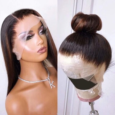 QUINLUX WiG HD Transparent 360 Lace Frontal Wig Pre Plucked #1B/#30 Ombre Black With Brown Highlight Wig Silky Straight 150% Density Remy Hair Lace Wigs with Baby Hair Bleached Knots for Woman 24Inch