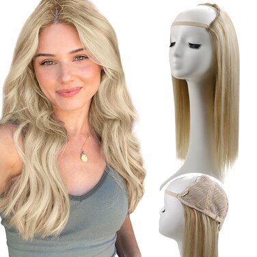 RUNATURE Glueless U Part Wig 14 Inch U Part Human Hair Wig Dark Ash Blonde with Light Blonde U Wigs 150% Density Upgrade U Shape Hair Wig with Middle Cap Thick Remy Hair