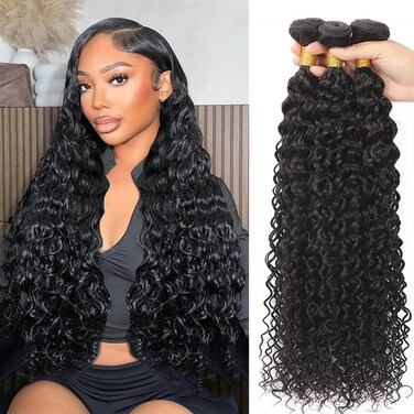Brazilian Virgin Human Hair Bundles Water Wave(26 28 30 Inch)100% Unprocessed Human Hair 3 Bundles Wet and Wavy Hair Bundles Hair Extensions for Black Women Natural Color
