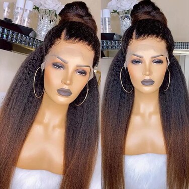 1B/30 Ombre Color Kinky Straight Hair Wig 360 HD Transparent Lace Front Wig Human Hair Wigs 150% Density Yaki Straight Human Hair Wig for Women Full End Glueless Brazilian Hair 360 HD Lace Wig 20 inch