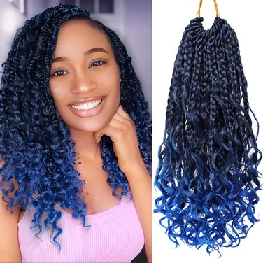 Eerya 8 Packs Boho Box Braids Crochet Hair for Black Women 10 Inch Blue Goddess Box Braids Pre-looped Bohemian Crochet Box Braids With Curly Ends Synthetic Crochet Hair Extensions (10 inch, Tblue)