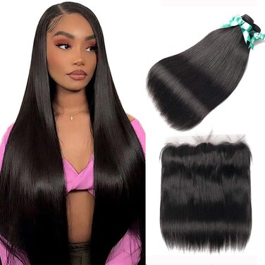 Brazilian Straight Hair 3 Bundles With Frontal Closure(14 16 18+14Frontal) 13x4 Ear to Ear Lace Frontal Closure With Bundles Unprocessed Virgin Human Hair Bundles With Frontal Natural Color