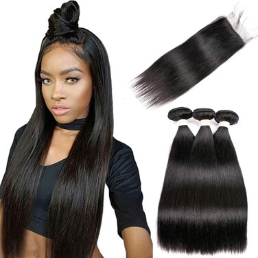 Straight Hair Bundles with Closure (10 12 14+10 Closure) 100% Brazilian Straight Virgin Hair 3 Bundles with Lace Closure Free Part Human Hair Extensions Natural Black Color