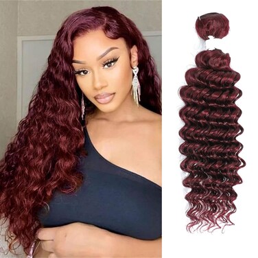 REMY HAIR Deep Wave Human Hair Bundles 99j Burgundy Color 100% Brazilian Human Hair 1 Bundle Wine Red Hair Extension 10 Inch