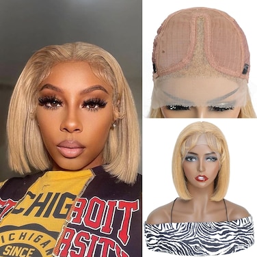 X-TRESS Honey Blonde Bob Wigs 13&Atilde;&mdash;4&Atilde;&mdash;1 T Part Lace Front Wig 8 Inch #27 Honey Blonde Lace Front Bob Wig Middle Part Human Hair Wig Short Bob Human Hair Wig for Black Women?8 Inch?27#?