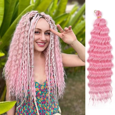 Braiding Hair Pink Ocean Wave Crochet Hair Deep Wave Braiding Hair for Butterfly Locs Crochet Hair Twist Hair Wavy Curly Braiding Hair Beach Curl Crochet Hair Dreadlock Extensions(3 Pack,16 Inch)