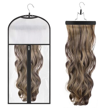 Hair Extensions Storage Bag with Hanger, Dustproof Bag Hairpieces Storage Holder Portable Wigs Carrier Case Hair Extension Travel Bag with Anti-Slip Hair Hanger for Store Style Hair Daily Use, Travel