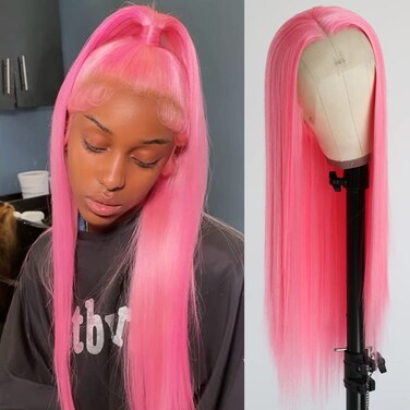 Maycaur Pink Lace Front Wigs Glueless Straight Long Wigs for Women Heat Resistant Hair 24 Inch Synthetic Lace Front Wig with Natural Hairline