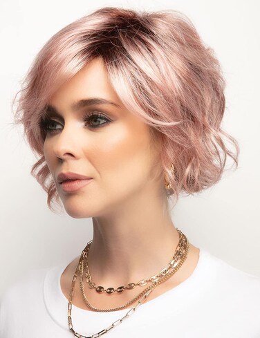 TISHINING Short Ombre Pink Wavy Bob Wigs for White Women Chin Length Pink Curly Bob Wig with Bangs Heat Synthetic Natural Looking Daily Cosplay Wig