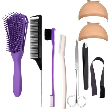 Wig Kit for Lace Front Wigs for Beginners 8Pcs, Lace Melting Elastic Band for Wigs, HD Wig Caps, Eyebrow Razors, Tweezers, Edge Brush, Detangle Brush
