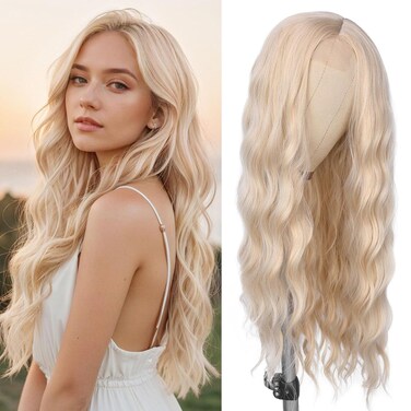 WIGNEE Long Blonde Wavy Wig 28 Inch Natural Wavy 613 Wig Long Platinum Blonde Wig for Women Synthetic Lace Front Wig Middle Part Daily/Cosplay Wigs for White Women