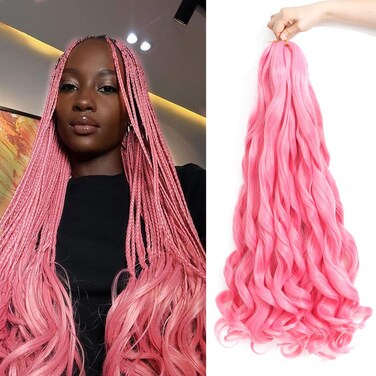 Pink French Curly Braiding Hair 24 Inch 6 Packs Black Loose Wave Bouncy Crochet Hair Pre Stretched 100g/pack Yaki Curly Braiding Hair for Black Women Hair Extensions ((Pack of 6),24inch,Pink)
