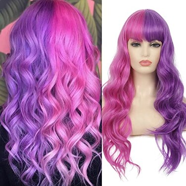 Half Pink Half Purple Wig Long Curly Wavy Split Wig with Bangs Synthetic Cosplay Party Wig for Women