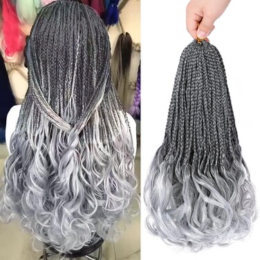 French Curl Crochet Braids 14 Inch Goddess Box Braids Crochet Hair for Women Gray Pre Looped Crochet Box Braids with Curly Ends Synthetic French Curly Braiding Hair Extensions (8 Packs，1B/Gray)