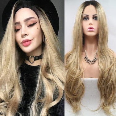 xiweiya Wigs Long Natural Wavy Wig Ombre Blonde Synthetic Lace Front Wigs with Dark Roots Side Part Long Blonde Hair Replacement Wig for Women, Drag Queen Makeup 24inch