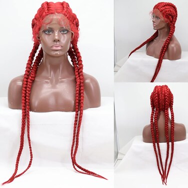 xiweiya Long Red Braided Wig 4xTwist Braids Hand-Braided Box Braid Wigs with Baby Hair Dutch Braids Red Lace Frontal Wigs Cornrow Braids Wigs 36inch Red French Braiding wig for Women Cosplay