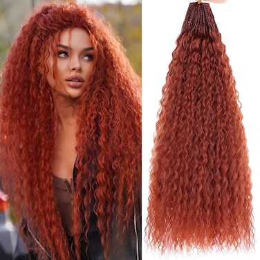 Xtrend Ginger Pre Looped Micro Brazilian Kinky Curly Crochet Hair 8 Packs 24 Inch Micro Curly Braiding Hair Extensions Synthetic Deep Wave For Mini Senegalese Twist Hair For Boho(30 Strands/Pack，350#)